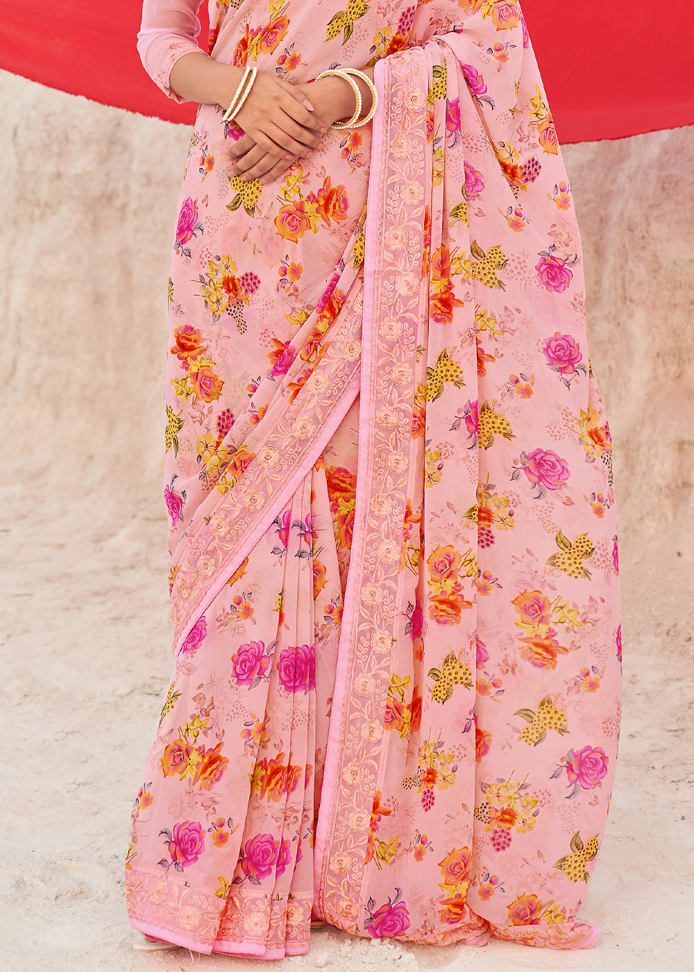 Buy MySilkLove Seashell Pink Digital Printed Chiffon Saree Online