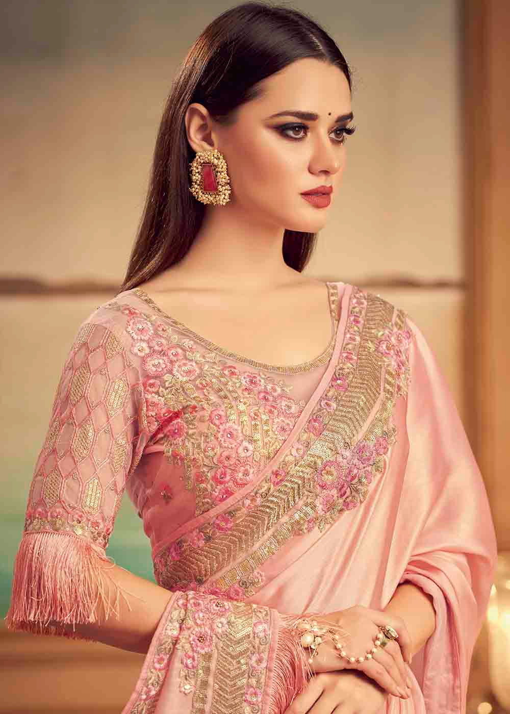Buy MySilkLove Mona Pink Embroidered Satin Silk Designer Saree Online