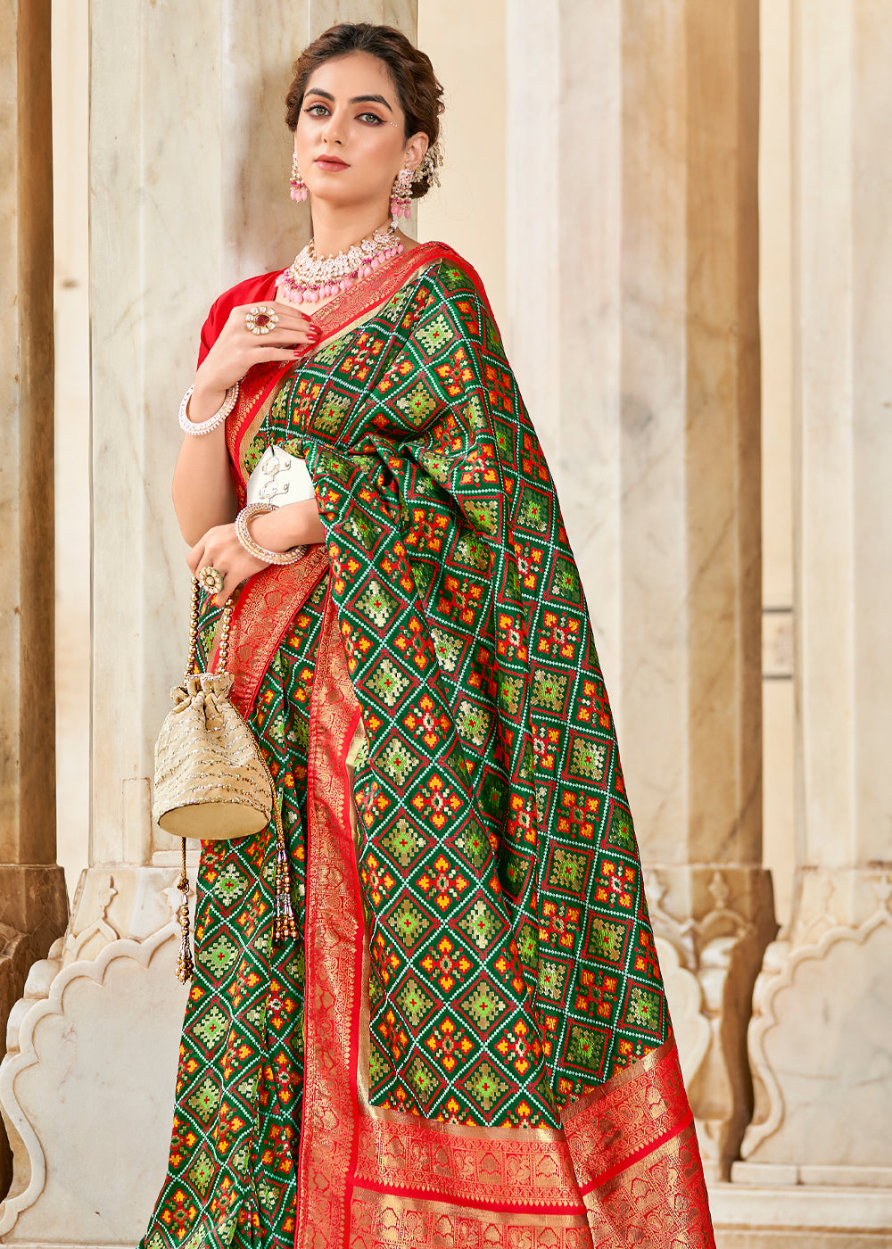 Buy MySilkLove Kelp Green and Red Zari Woven Patola Saree Online
