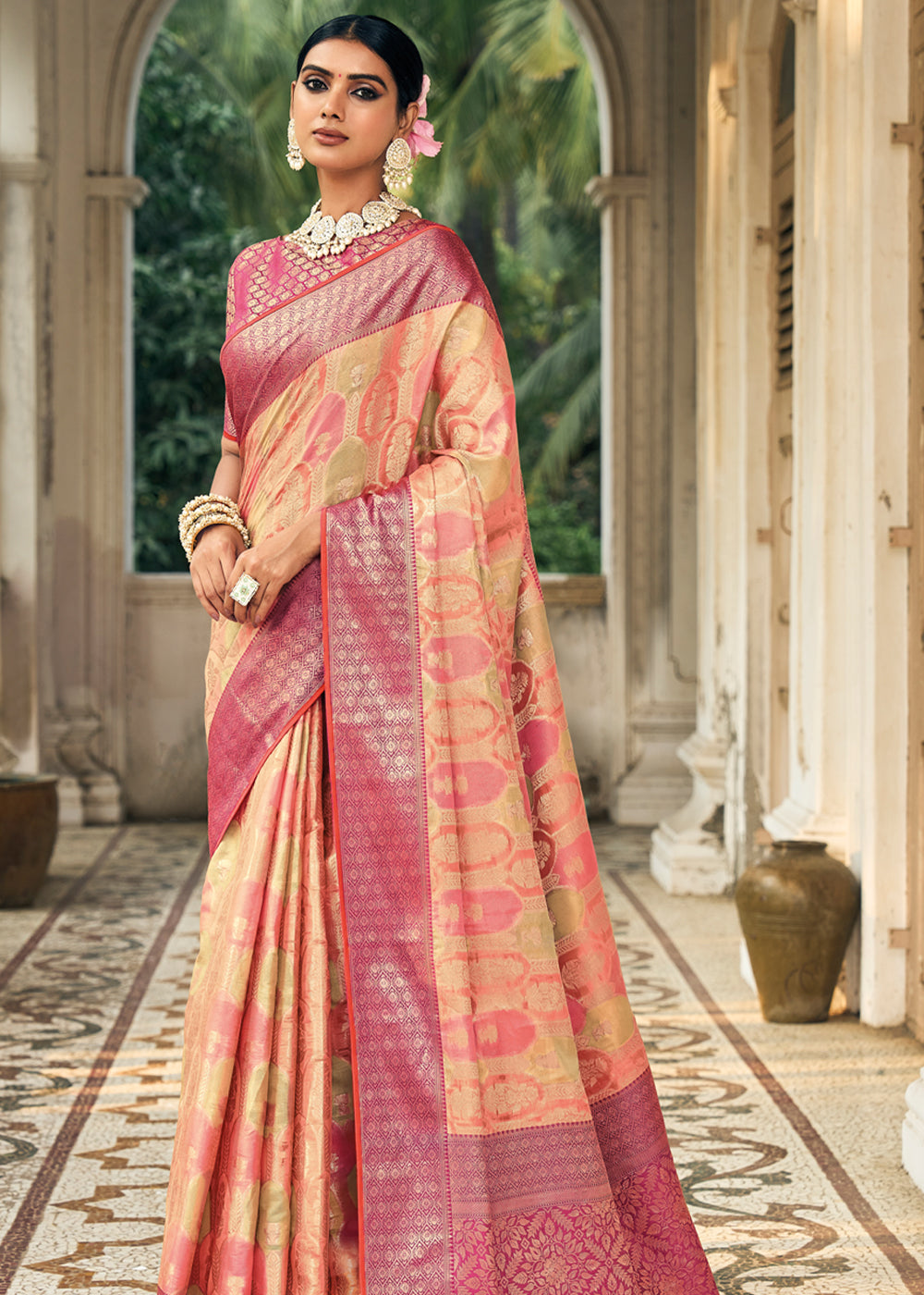 Buy MySilkLove Copperfield Peach Woven Organza Banarasi Silk Saree Online