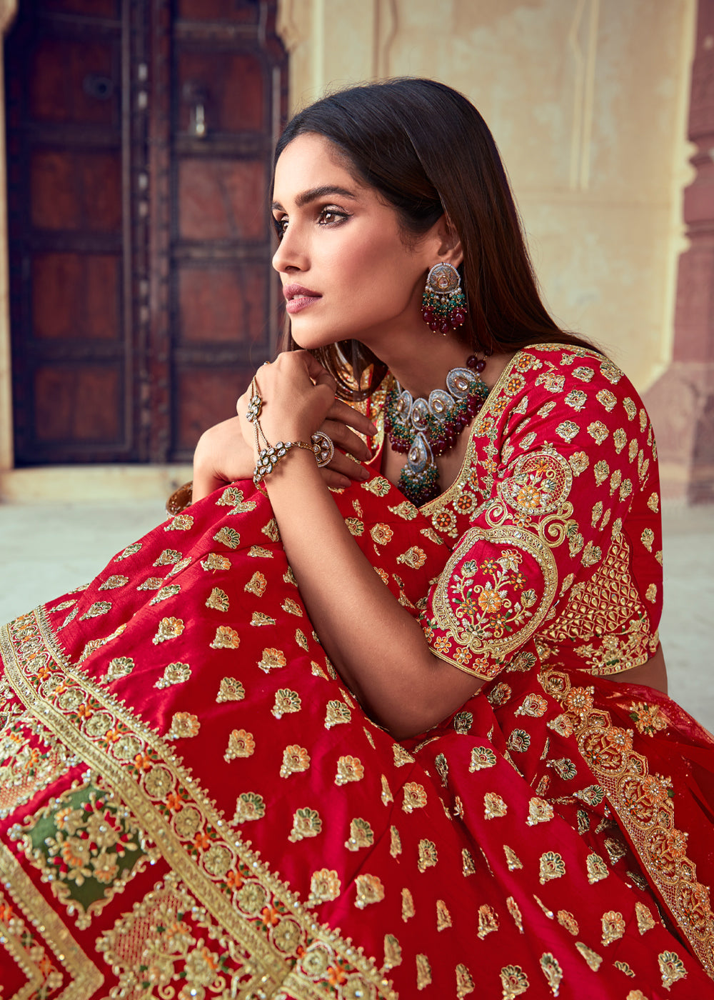 Buy MySilkLove Persian Red and Orange Heavy Embroidered Designer Lehenga Online
