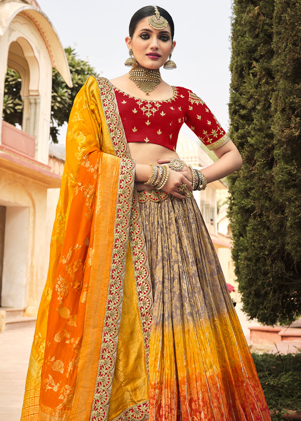 Buy MySilkLove Beaver Brown and Orange Heavy Embroidered Lehenga Online