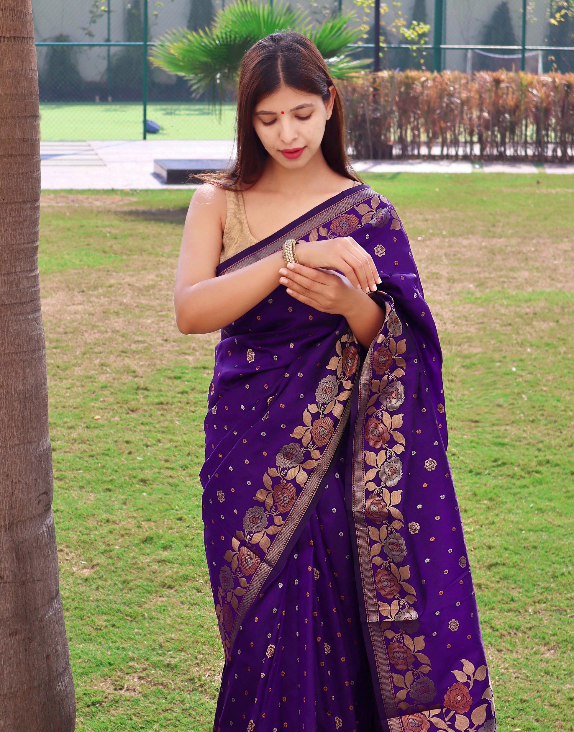 Buy MySilkLove Honey Flower Purple Soft Silk Saree with Floral Woven Border and Pallu Online