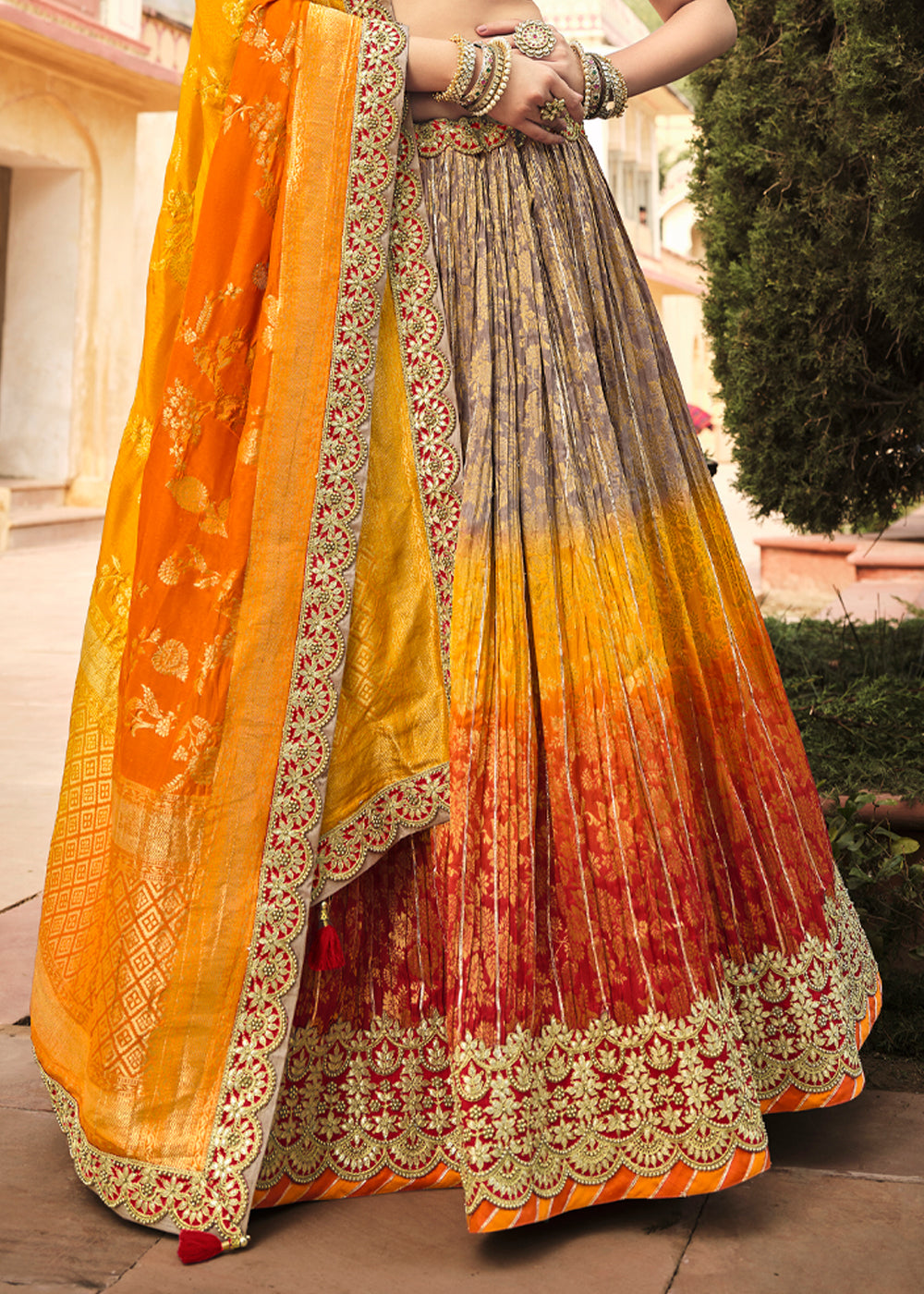 Buy MySilkLove Beaver Brown and Orange Heavy Embroidered Lehenga Online