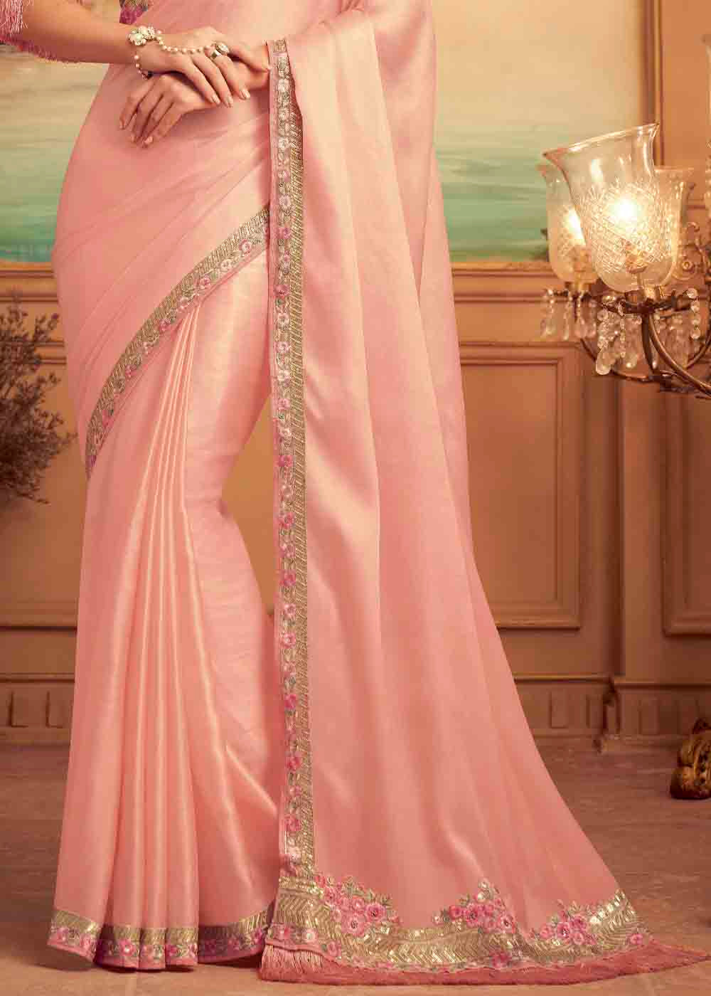 Buy MySilkLove Mona Pink Embroidered Satin Silk Designer Saree Online