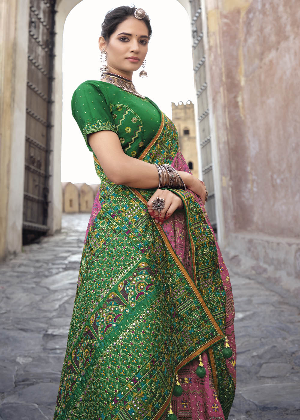 Buy MySilkLove Contessa Pink and Green Banarasi Saree with Kachhi,Mirror and Diamond Work Online