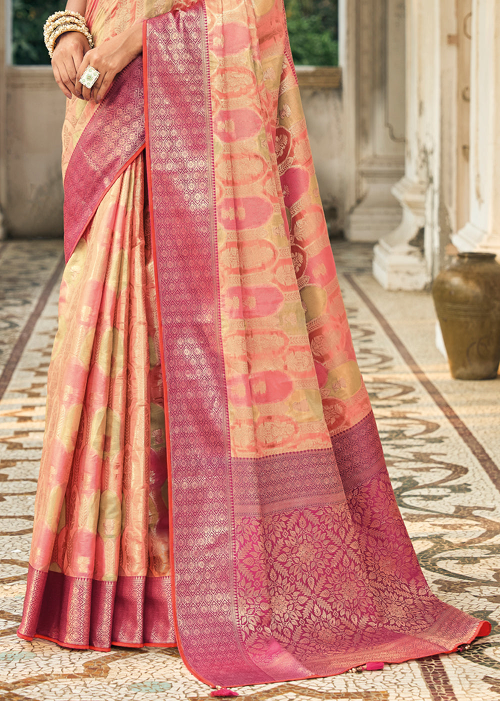 Buy MySilkLove Copperfield Peach Woven Organza Banarasi Silk Saree Online