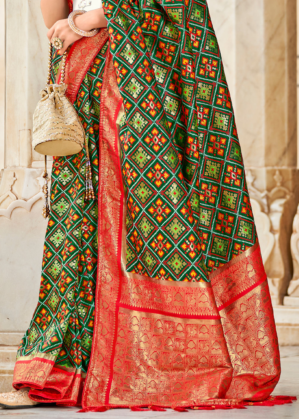Buy MySilkLove Kelp Green and Red Zari Woven Patola Saree Online