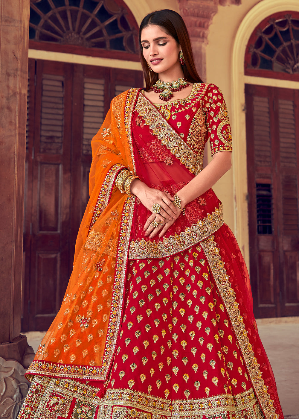 Buy MySilkLove Persian Red and Orange Heavy Embroidered Designer Lehenga Online