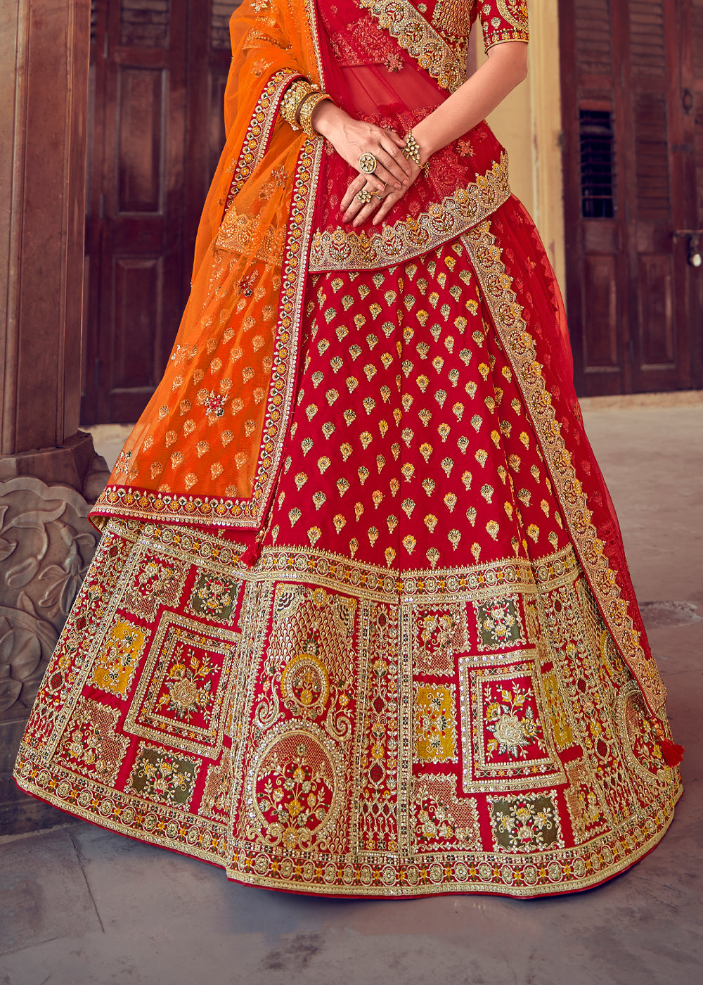 Buy MySilkLove Persian Red and Orange Heavy Embroidered Designer Lehenga Online
