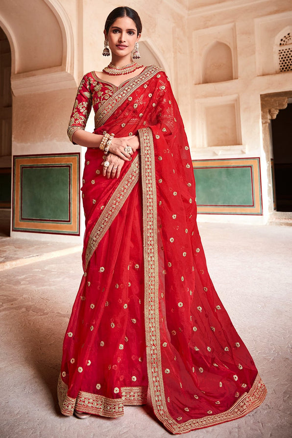 Buy MySilkLove Pearl Red Organza Saree Online