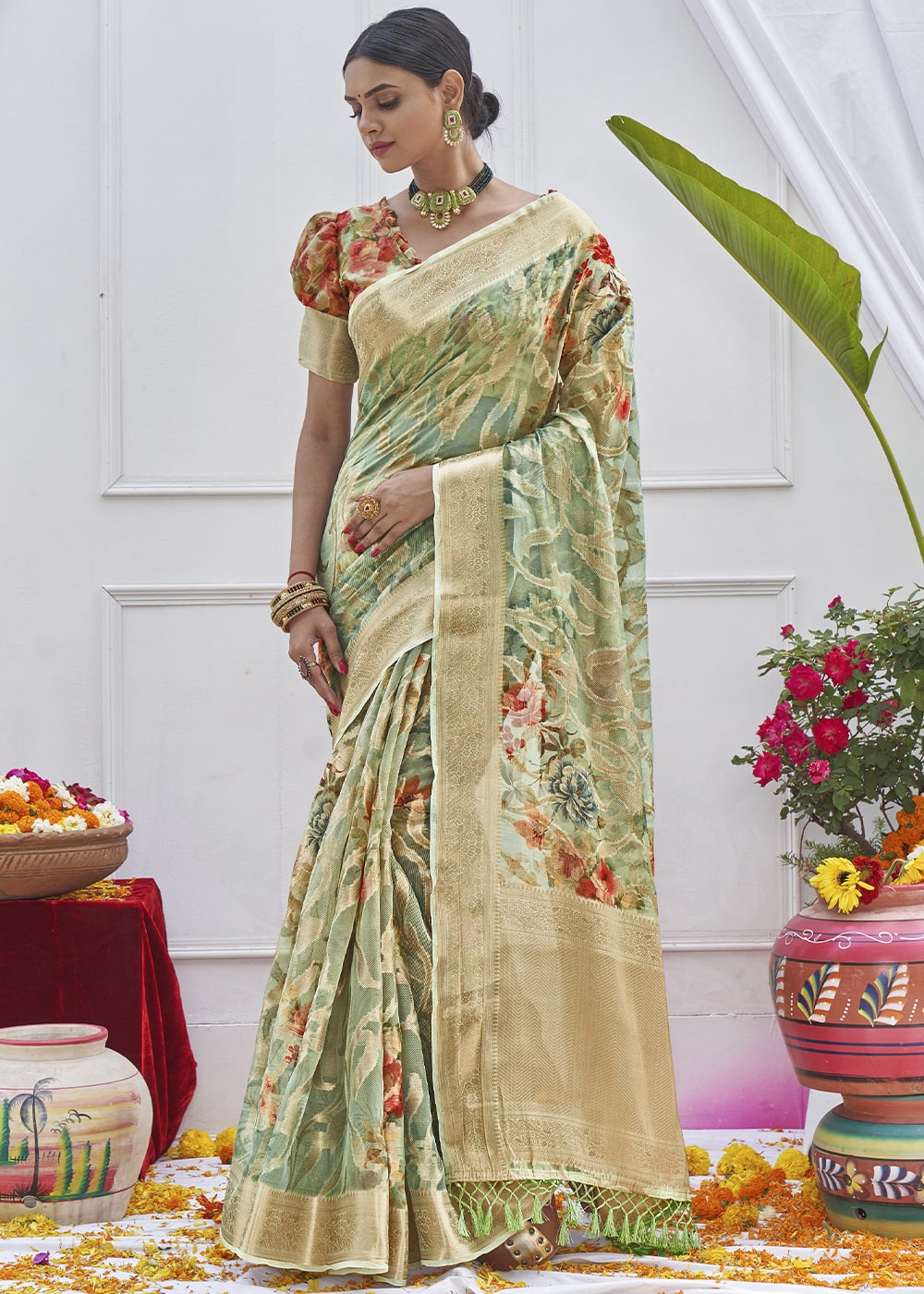 Buy MySilkLove Hillary Green Digital Printed Organza Silk Saree Online