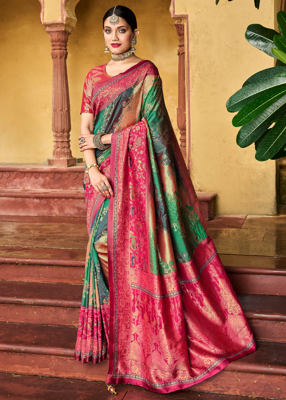 Buy MySilkLove Jade Green and Pink Designer Banarasi Saree Online