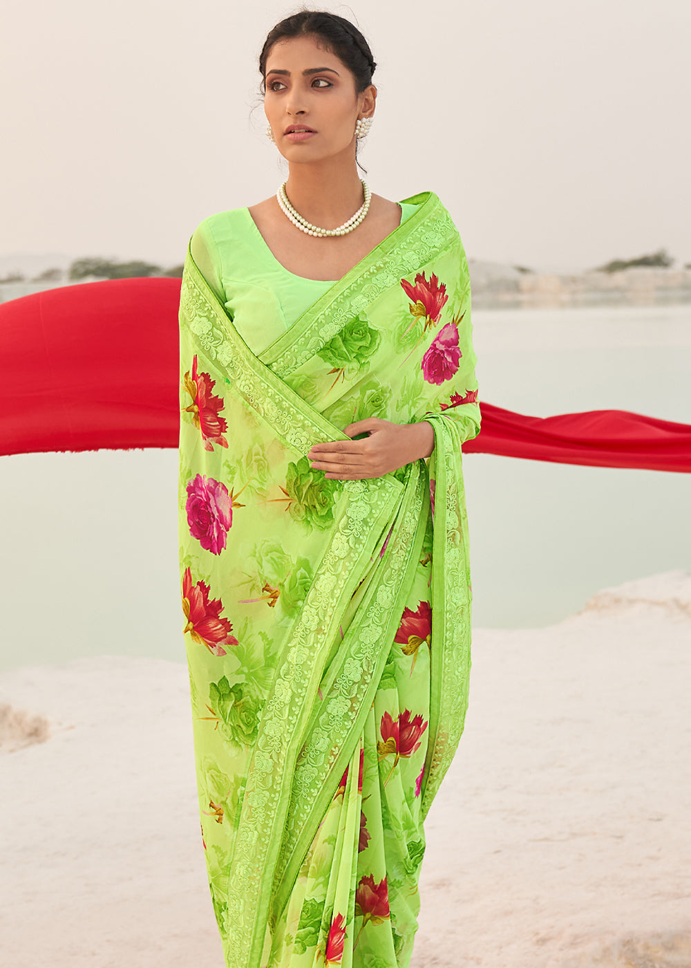 Buy MySilkLove Conifer Green Digital Printed Chiffon Saree Online
