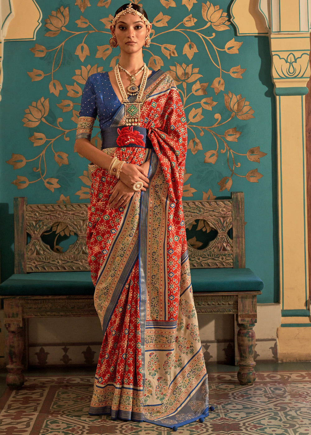 Buy MySilkLove Cinnabar Red and Blue Woven Patola Silk Saree Online
