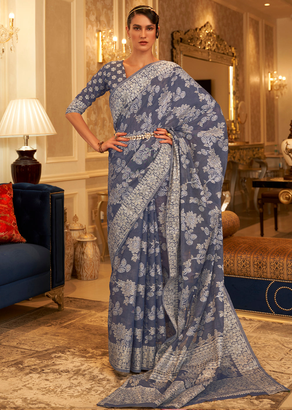 Buy MySilkLove Scarpa Flow Blue Woven Chikankari Saree Online