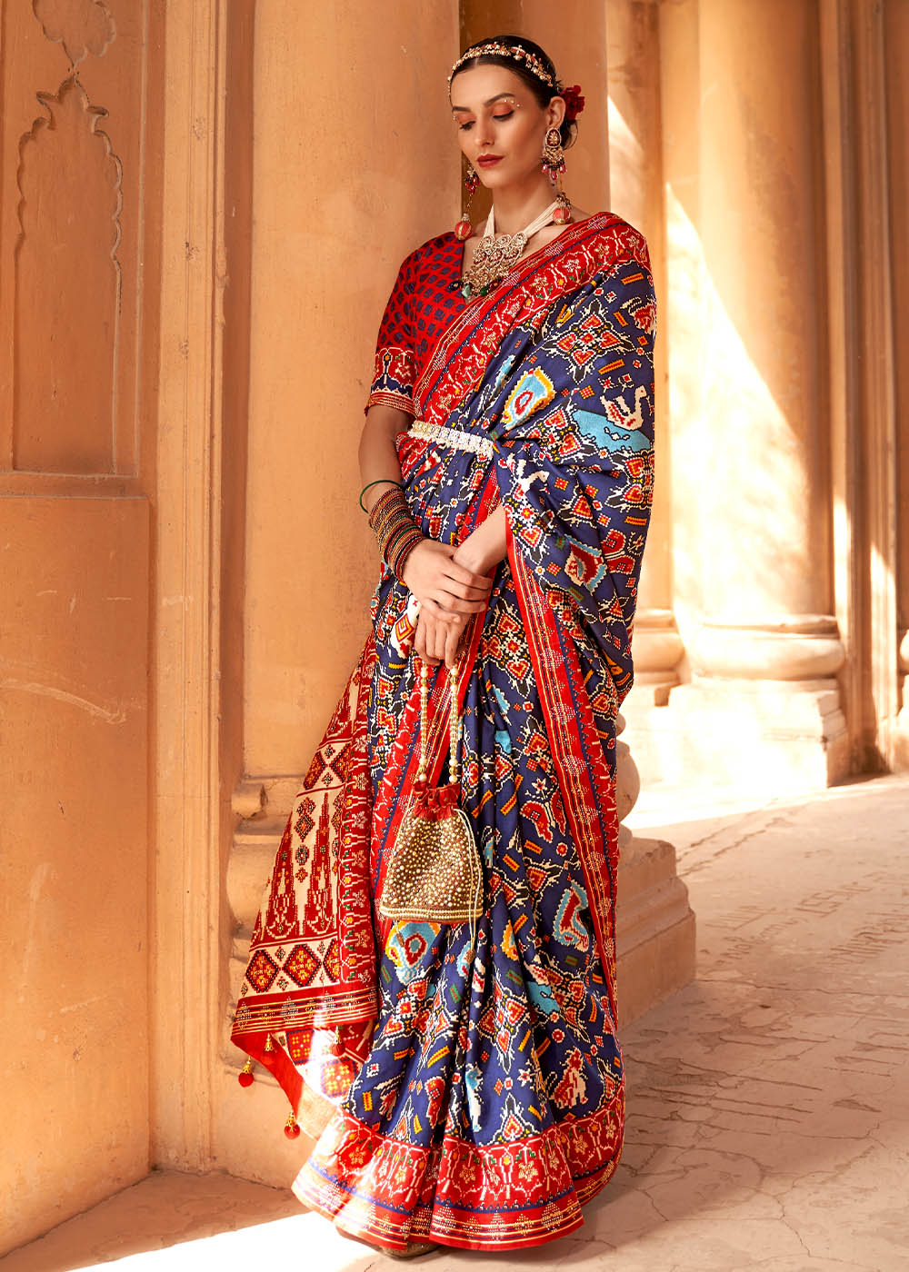 Buy MySilkLove Mulled Wine Blue and Red Printed Patola Saree Online