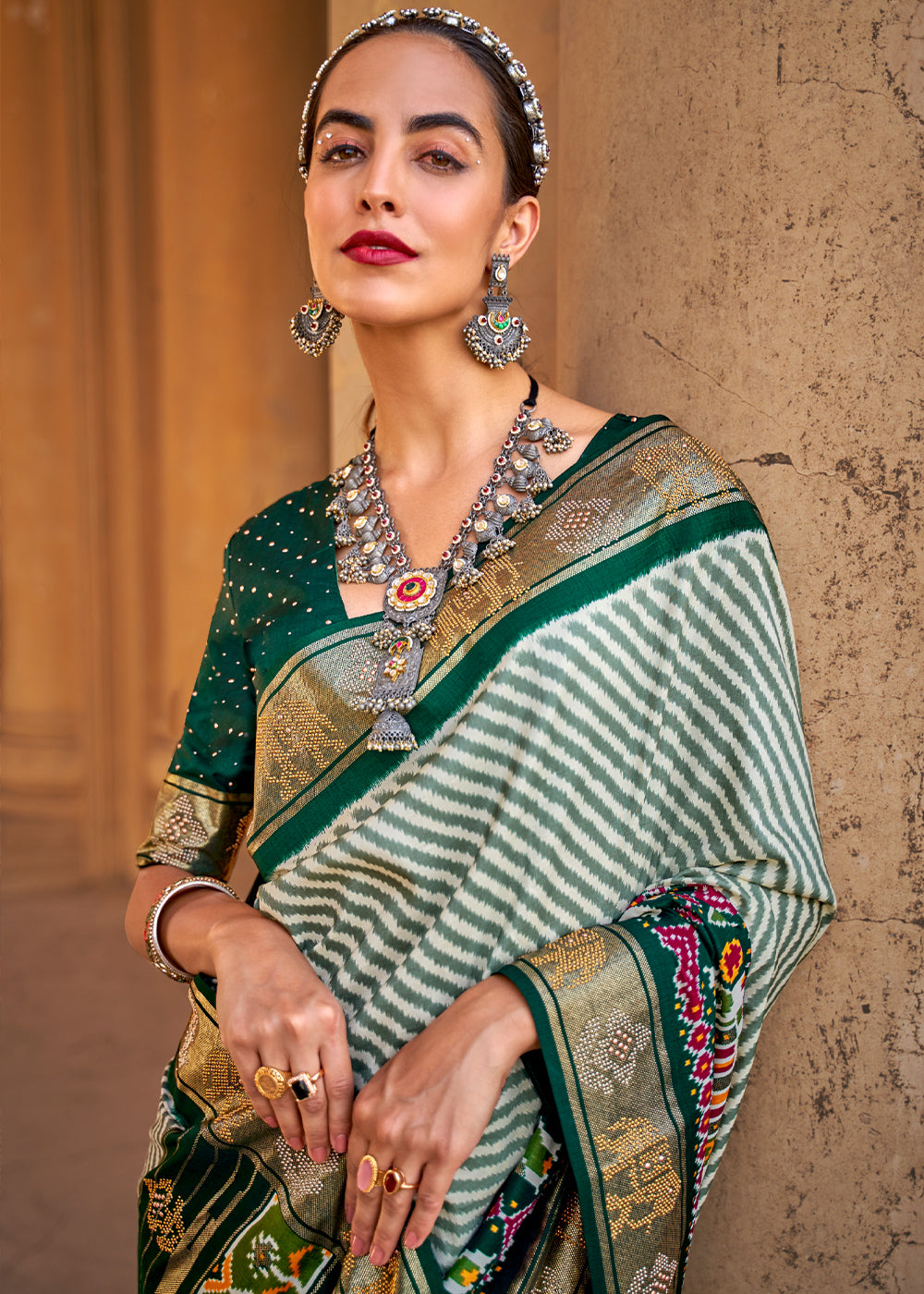 Buy MySilkLove Casal White and Green Zari Woven Patola Saree Online