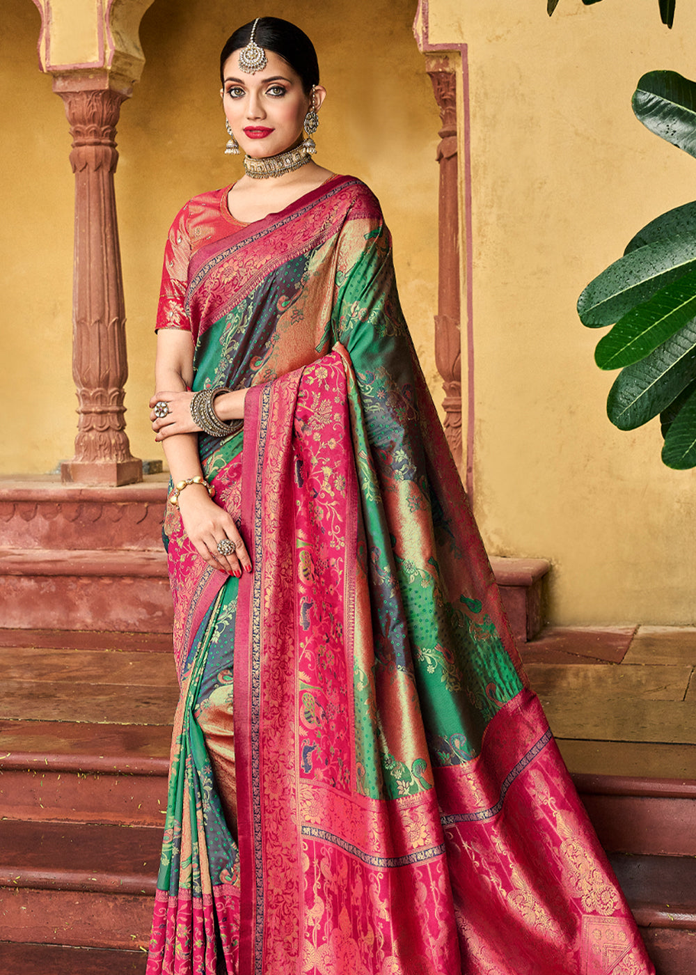 Buy MySilkLove Jade Green and Pink Designer Banarasi Saree Online
