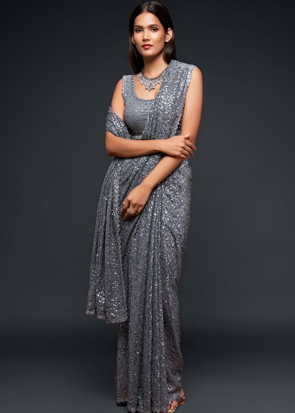 Buy MySilkLove Mid Gray Georgette Partywear Saree Online