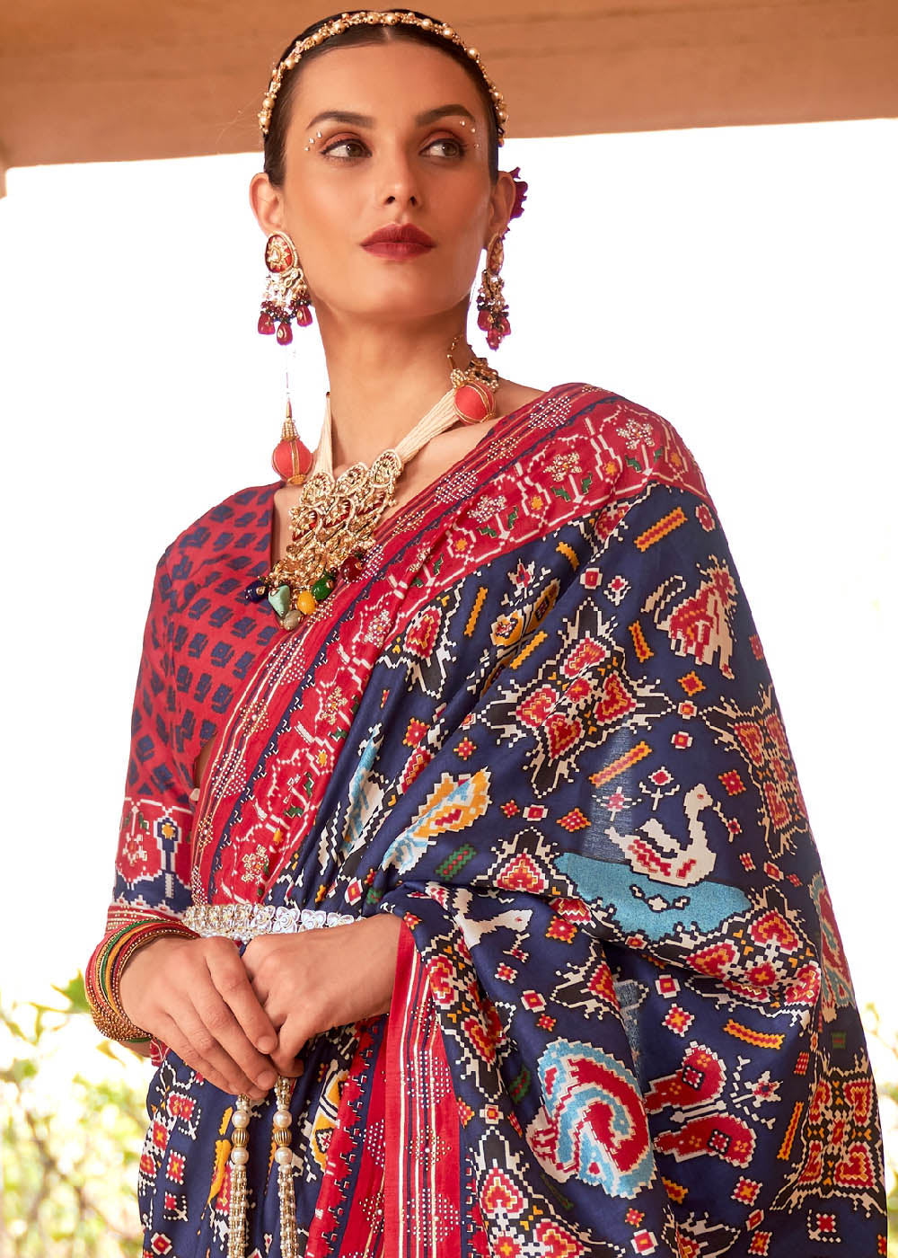 Buy MySilkLove Mulled Wine Blue and Red Printed Patola Saree Online