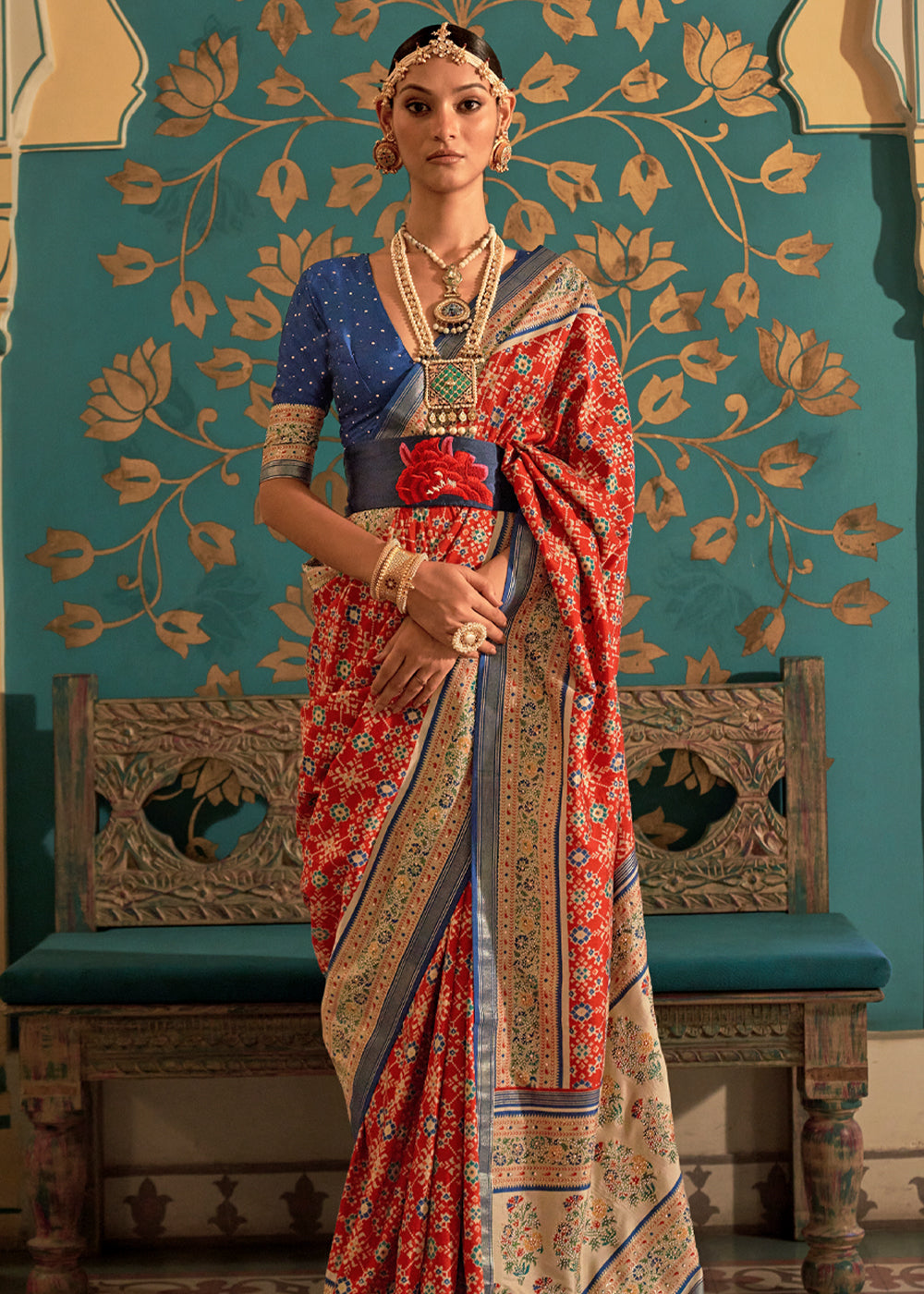 Buy MySilkLove Cinnabar Red and Blue Woven Patola Silk Saree Online