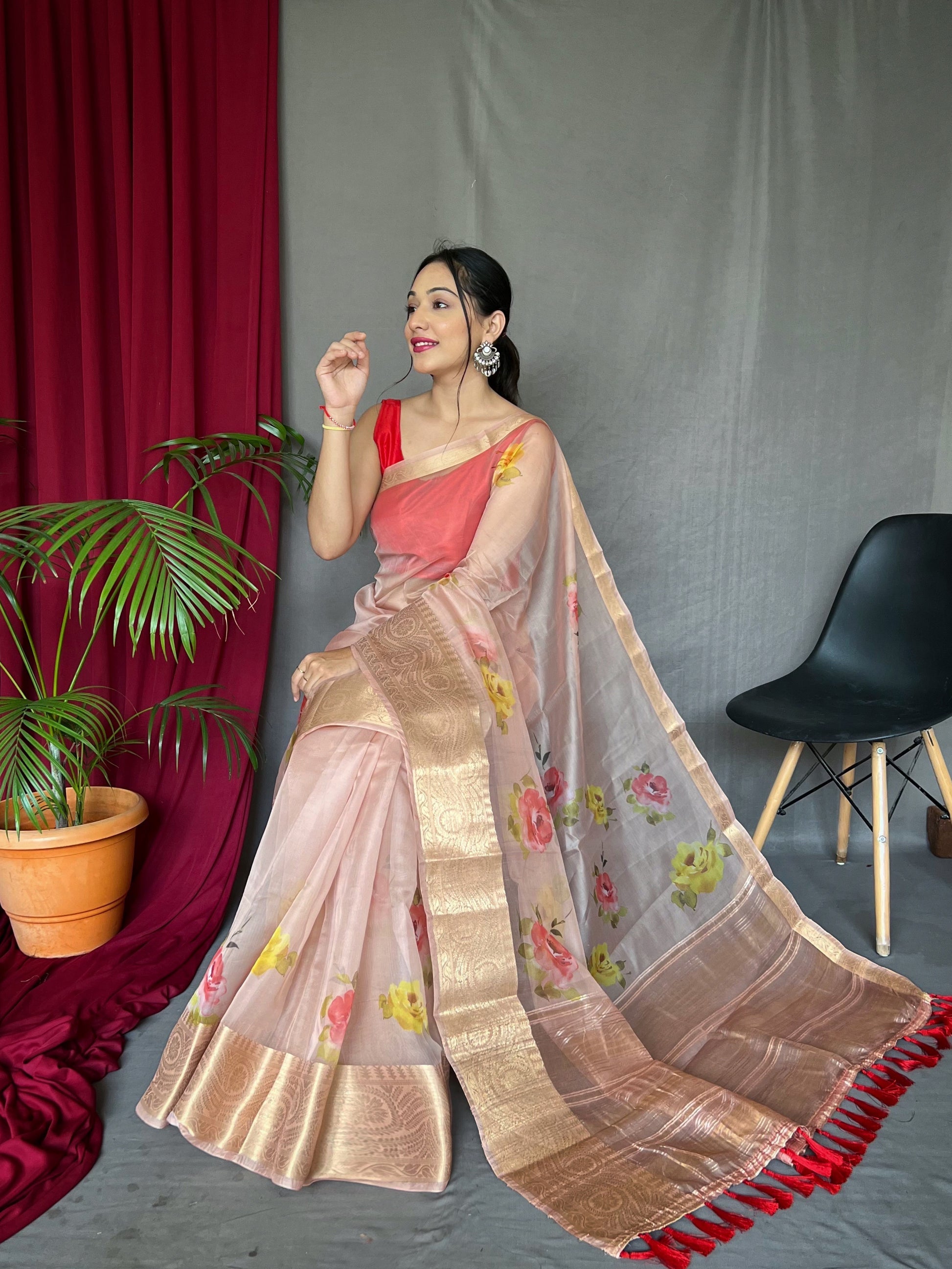 Buy MySilkLove Beauty Bush Pink Organza Digital Floral Printed Saree Online
