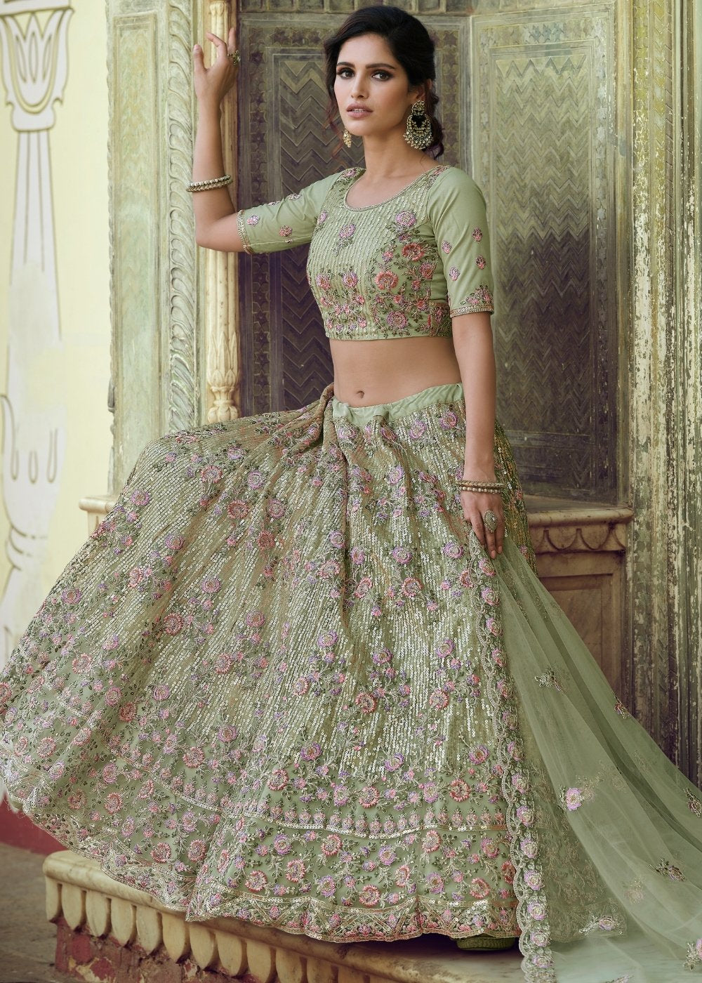 Buy MySilkLove Hillary Green Soft Net Designer Lehenga Choli Online