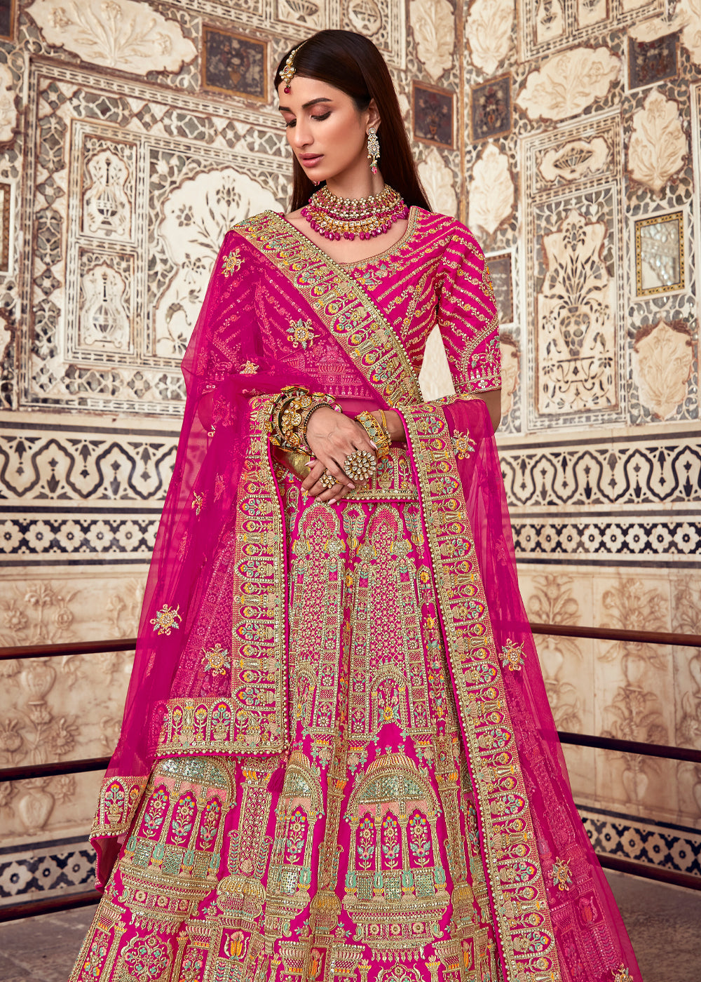 Buy MySilkLove Brick Pink Heavy Embroidered Designer Lehenga Online