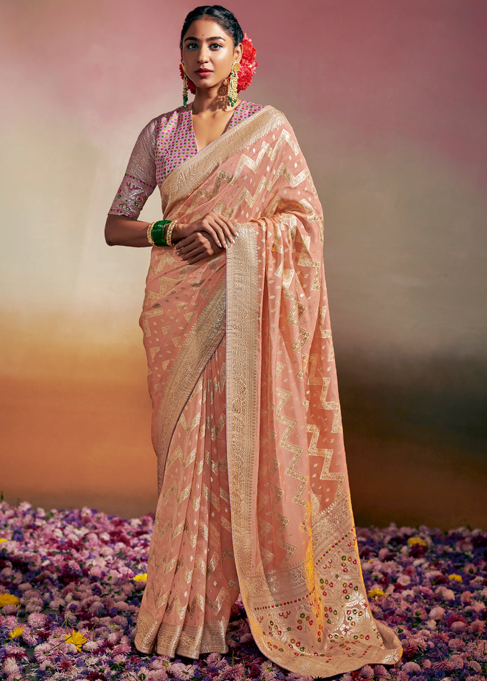 Buy MySilkLove Cashmere Peach Woven Banarasi Soft Silk Saree Online