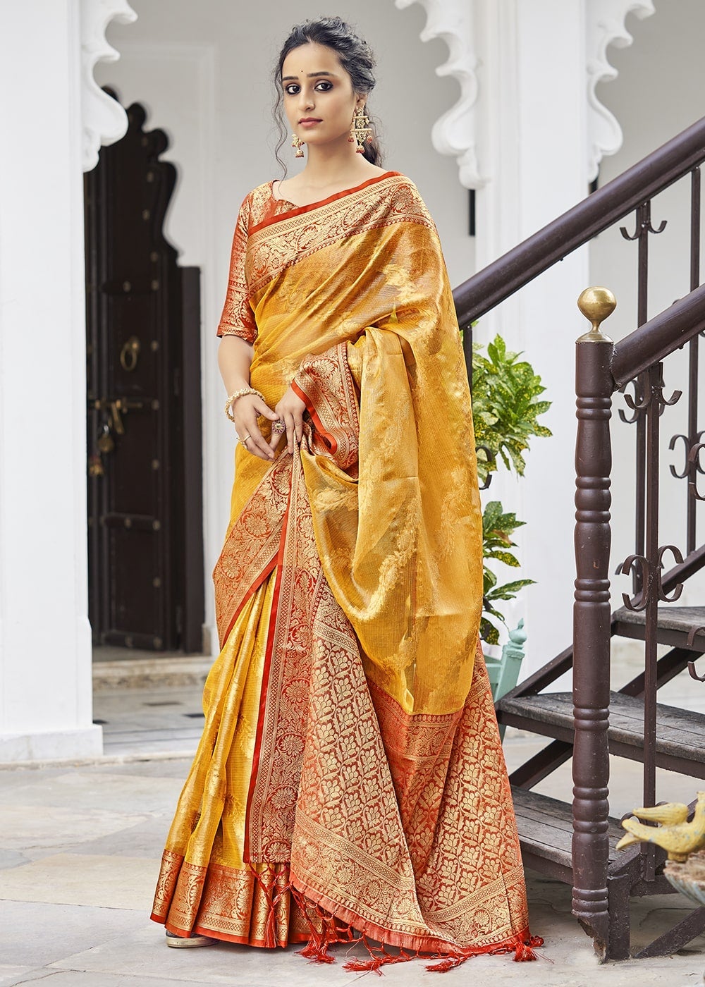 Buy MySilkLove Brandy Punch Yellow Zari Woven Organza Tissue Silk Saree Online