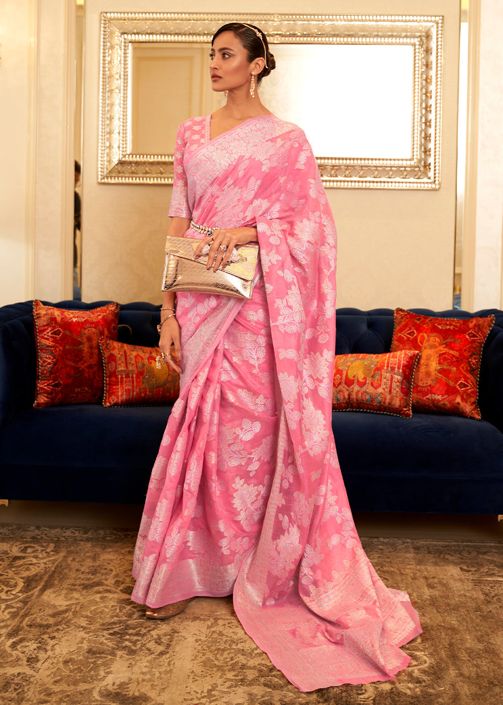 Buy MySilkLove Pink Salmon Woven Chikankari Saree Online