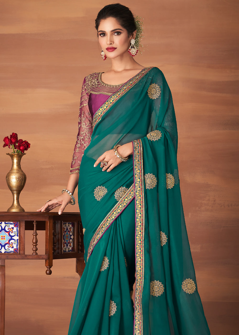 Buy MySilkLove Casal Green Designer Saree with Embroidered Blouse Online