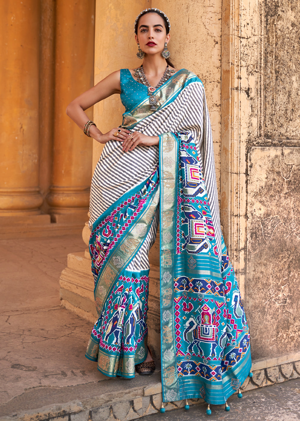 Buy MySilkLove Boston White and Blue Zari Woven Patola Saree Online