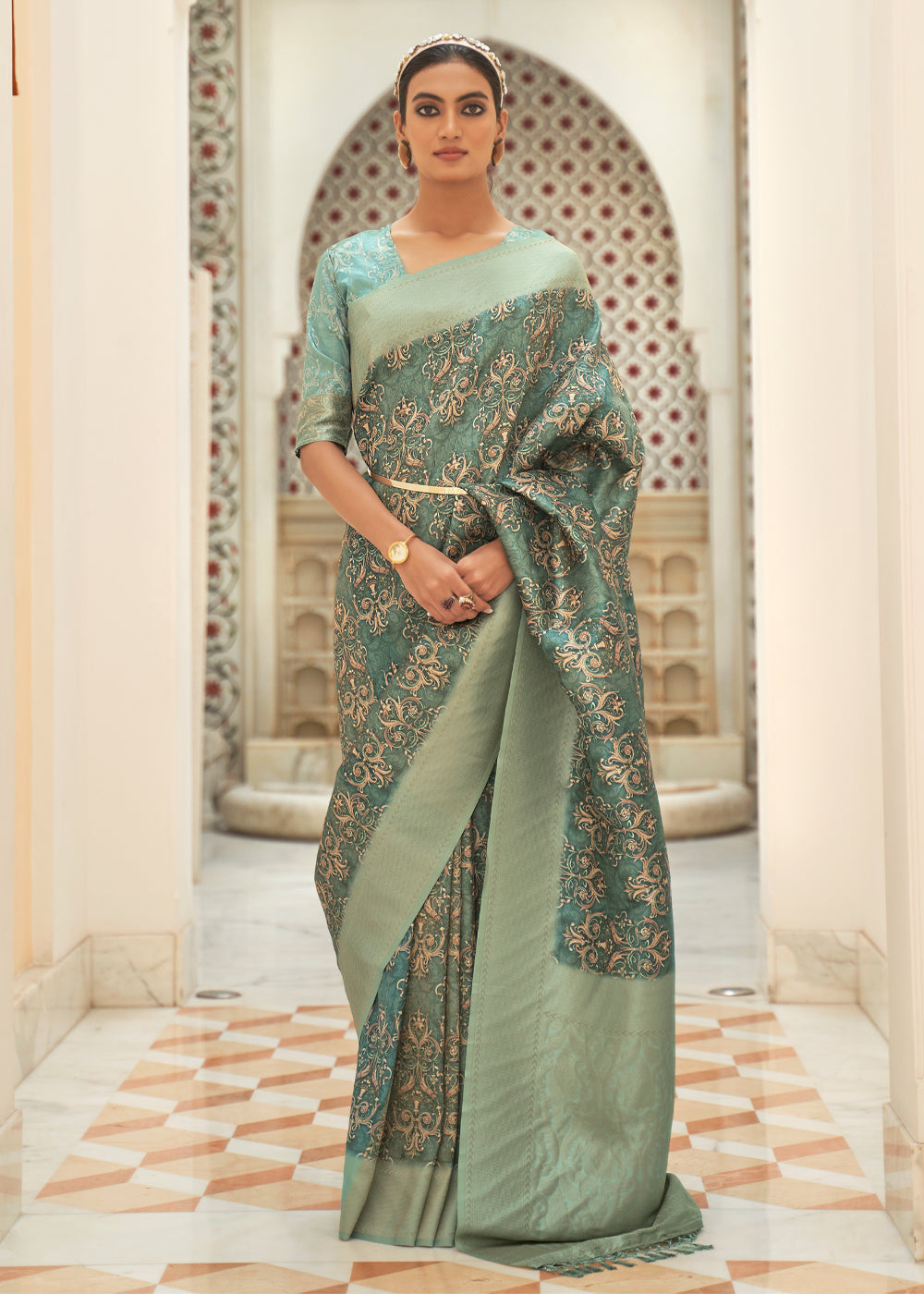Buy MySilkLove Battleship Green Digital Print Saree Online