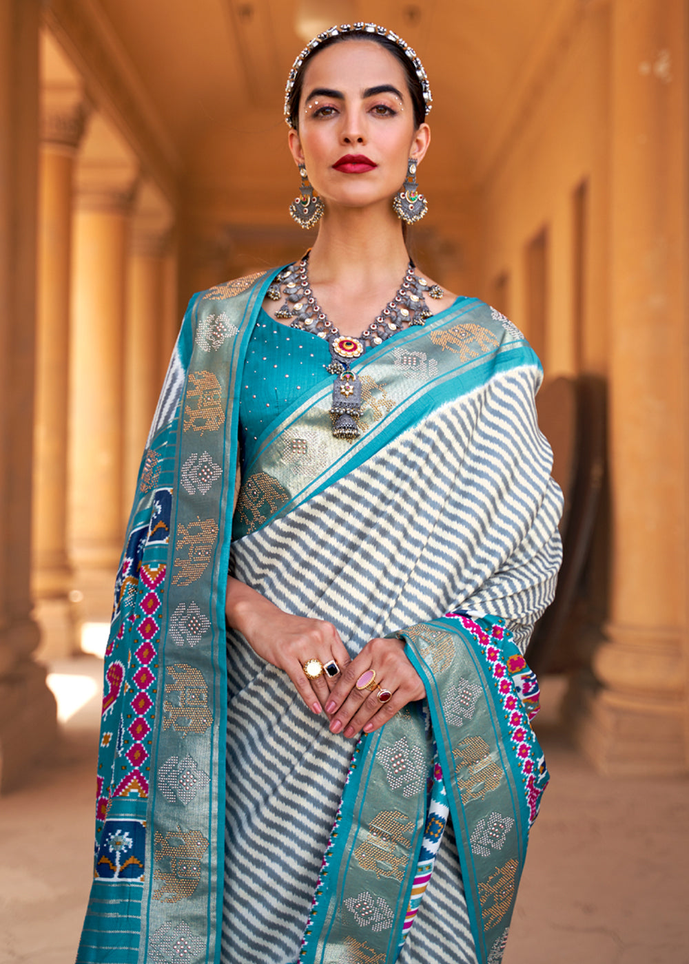 Buy MySilkLove Boston White and Blue Zari Woven Patola Saree Online