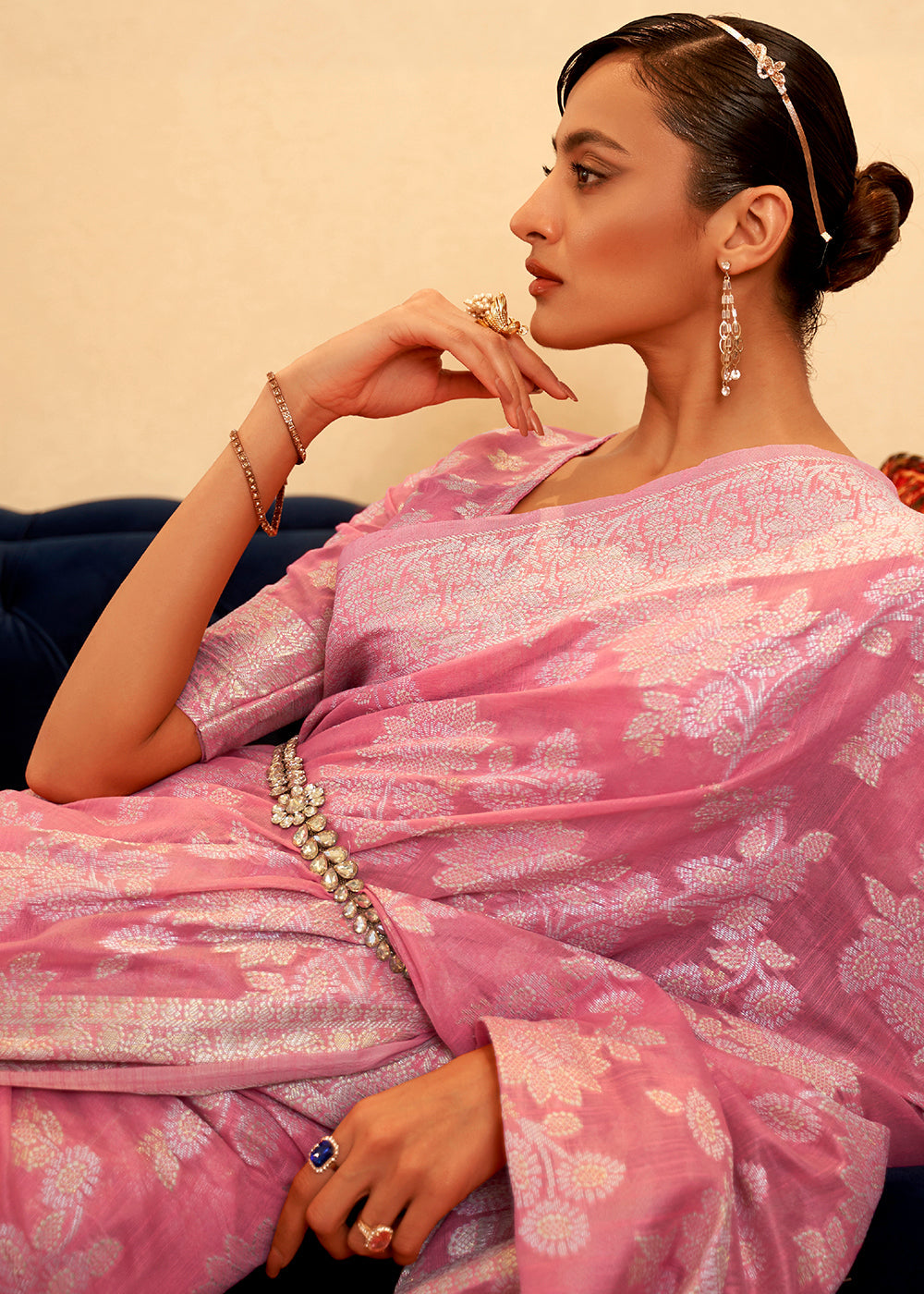 Buy MySilkLove Pink Salmon Woven Chikankari Saree Online