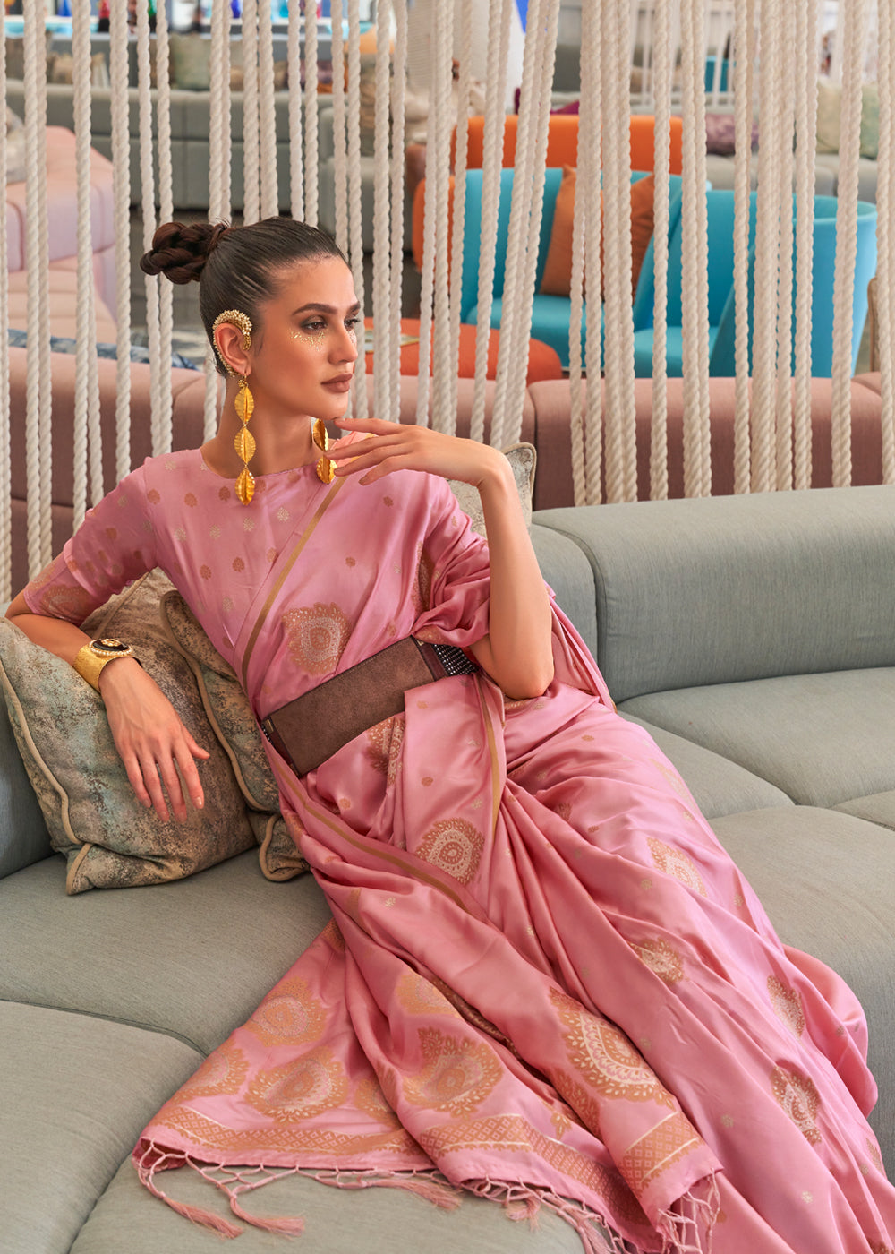 Buy MySilkLove Wewak Pink Bronze Zari Woven Satin Silk Saree Online
