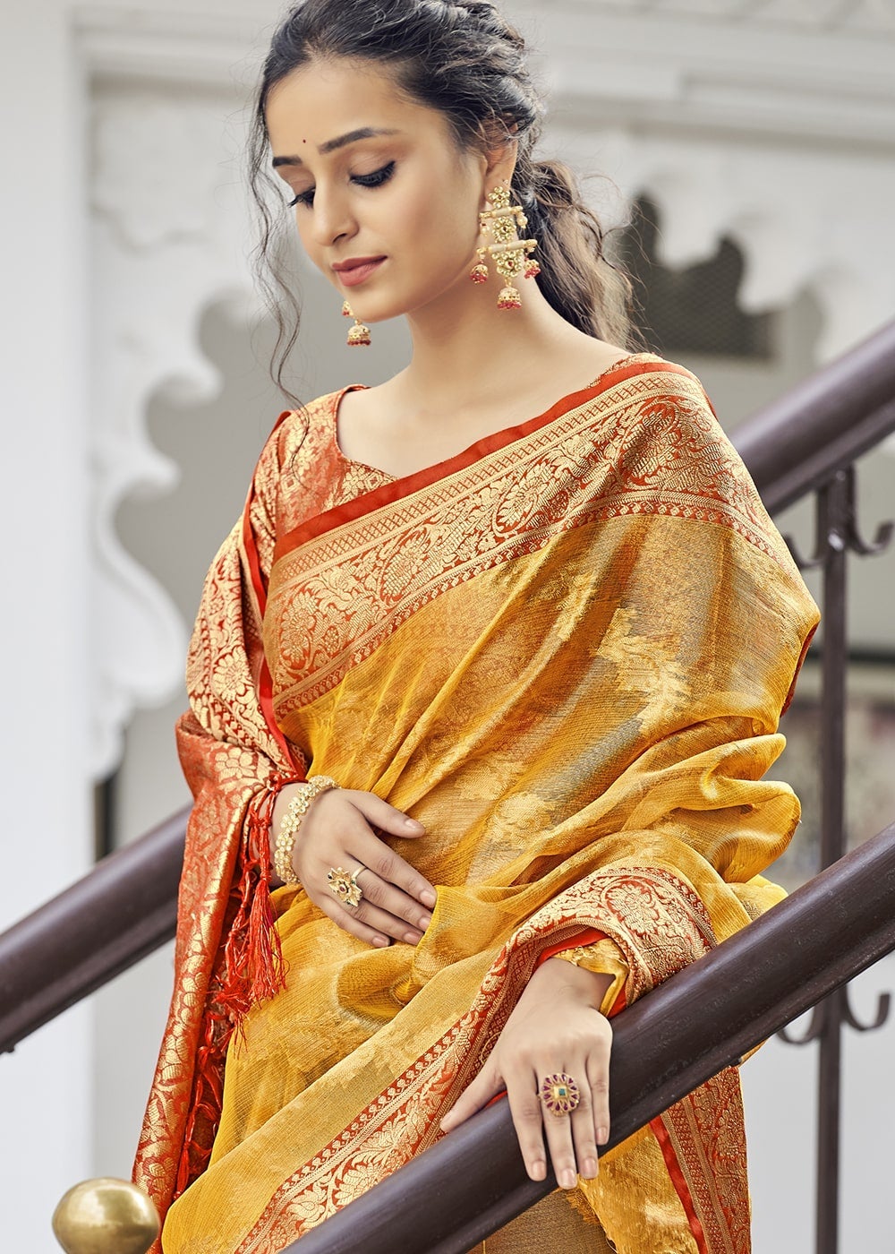 Buy MySilkLove Brandy Punch Yellow Zari Woven Organza Tissue Silk Saree Online