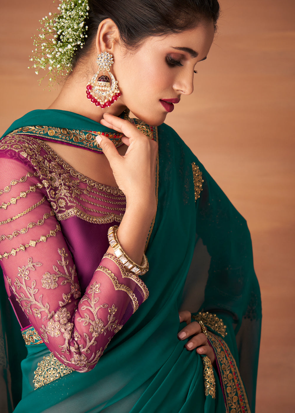 Buy MySilkLove Casal Green Designer Saree with Embroidered Blouse Online
