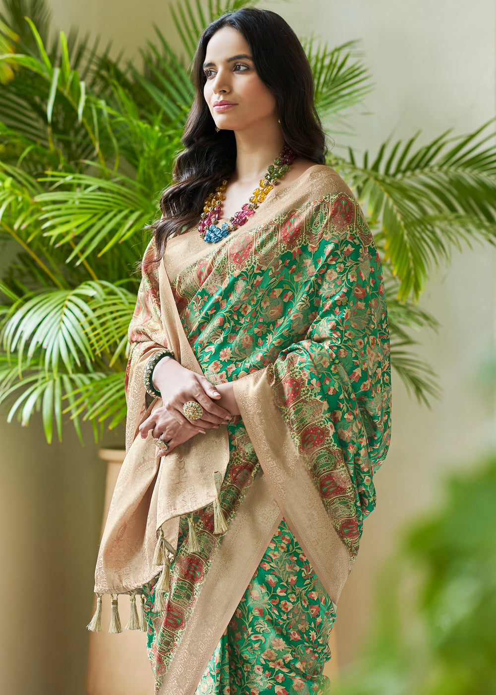 Buy MySilkLove Pine Green Banarasi Saree with Jamewar Print Online