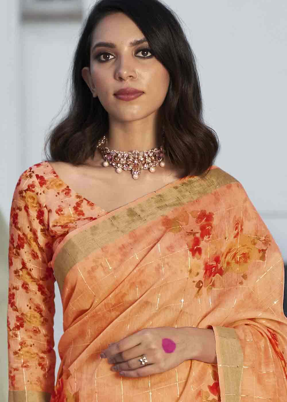 Buy MySilkLove Copper Orange Digital Floral Printed Saree Online