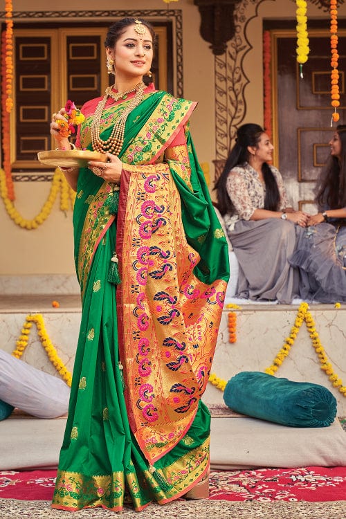 Buy MySilkLove Salad Green and Red Zari Woven Paithani Saree Online