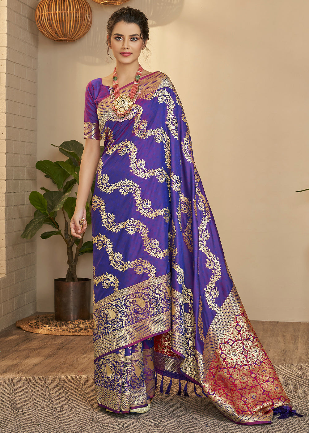 Buy MySilkLove Cyber Grape Purple Zari Woven Banarasi Saree Online