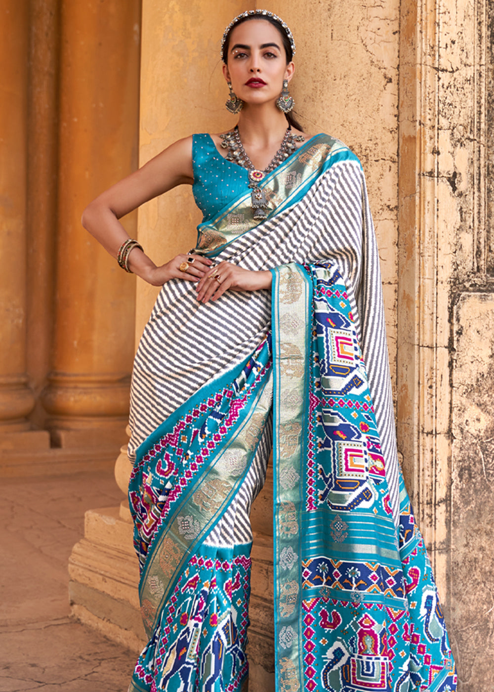 Buy MySilkLove Boston White and Blue Zari Woven Patola Saree Online