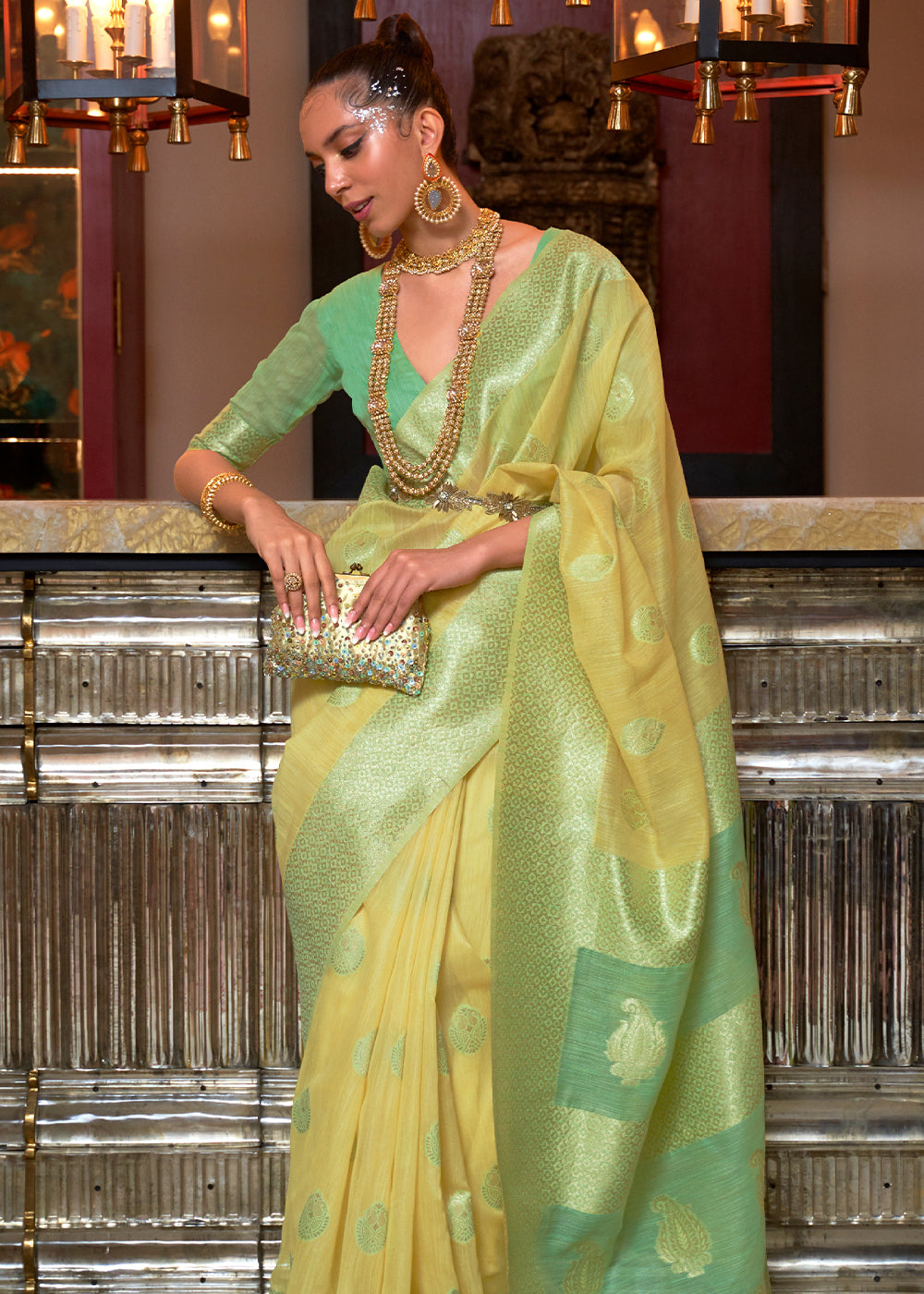 Buy MySilkLove Brandy Yellow and Green Zari Woven Linen Saree Online