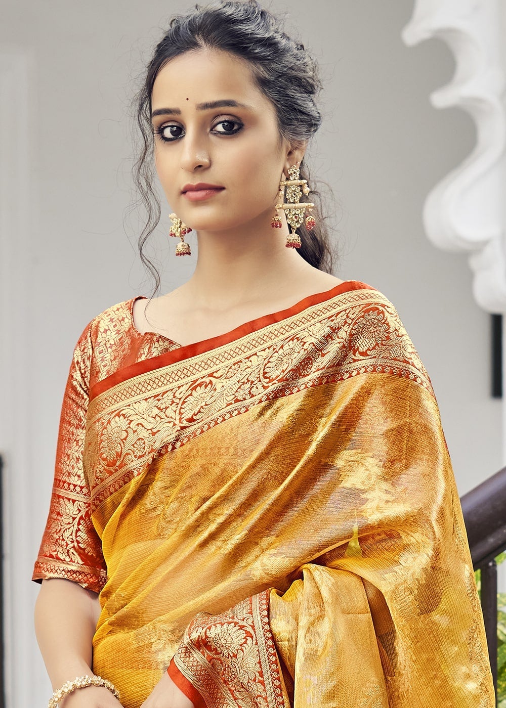 Buy MySilkLove Brandy Punch Yellow Zari Woven Organza Tissue Silk Saree Online