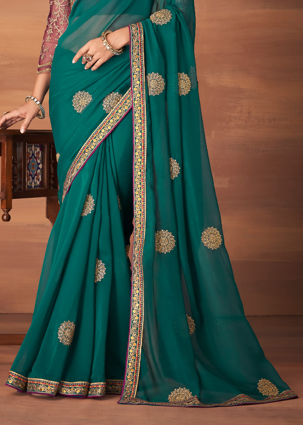 Buy MySilkLove Casal Green Designer Saree with Embroidered Blouse Online