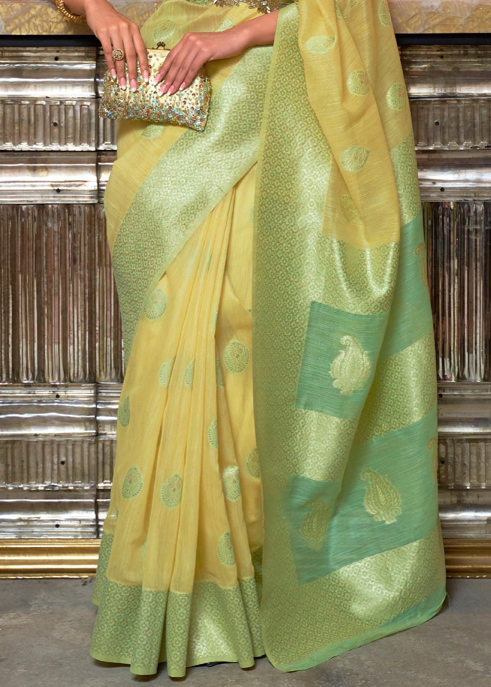 Buy MySilkLove Brandy Yellow and Green Zari Woven Linen Saree Online