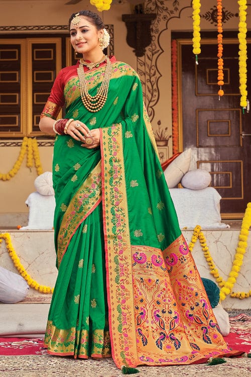 Buy MySilkLove Salad Green and Red Zari Woven Paithani Saree Online
